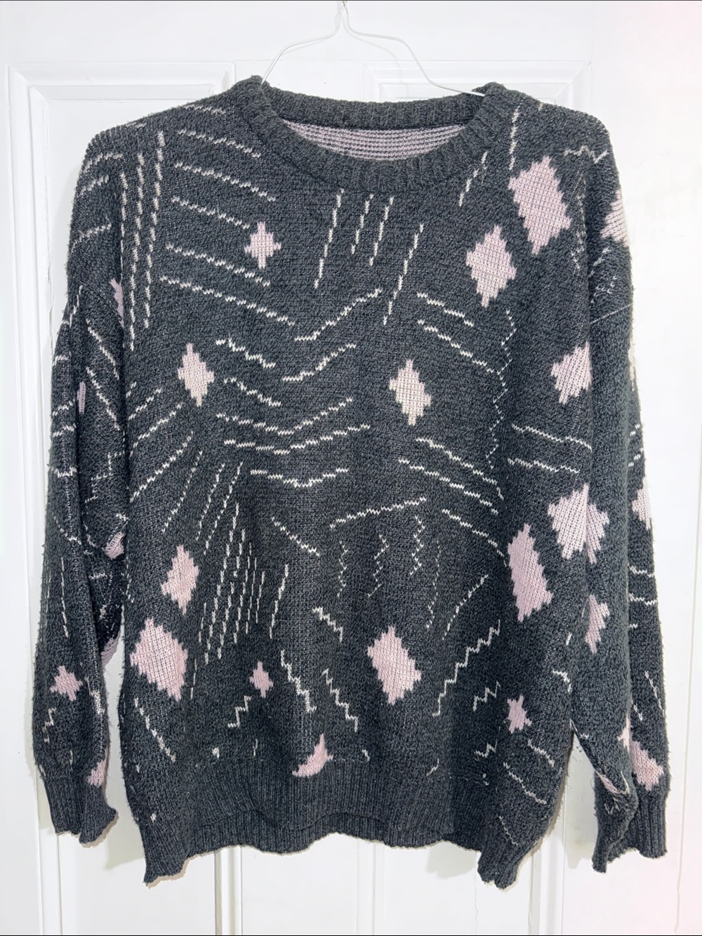 Vintage 80s 90s Geometric Knit Sweater Charcoal Pink IB Diffusion Coogi Style